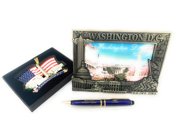 President Donald Trump Signature Presidential Pen and American Flag Christmas Ornament with Washington DC monuments set