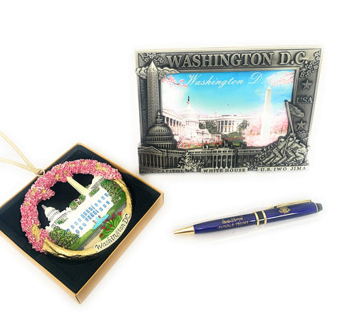 President Donald Trump Signature Presidential Pen and American Flag Christmas Ornament with Washington DC monuments set (3)